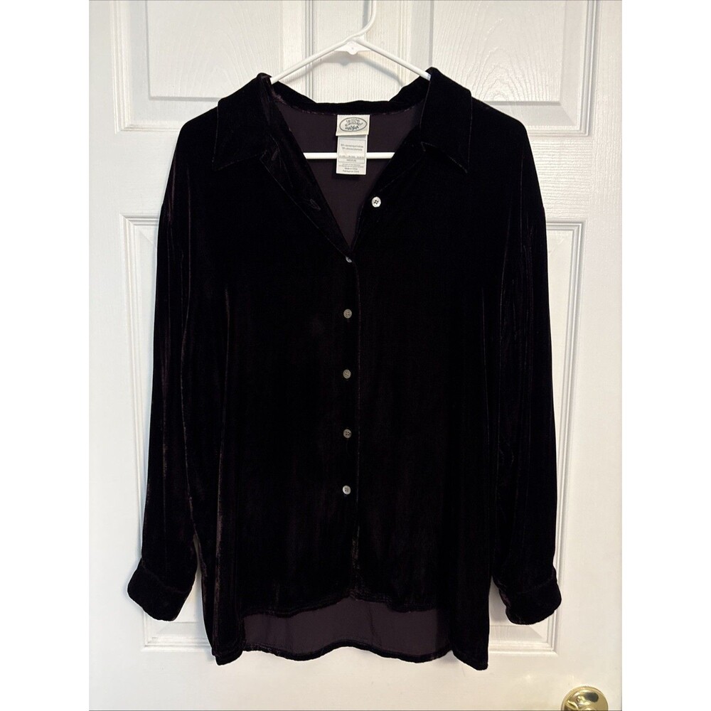 Laura Ashley Dark Purple Velvet Silk Blend Button Front Long Sleeve Top, Size M